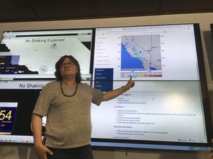 Seismologist Lucy Jones talks during a news conference at the Caltech Seismological Laboratory in Pasadena, Calif. on Thursday, July 4, 2019. A strong earthquake rattled a large swath of Southern California and parts of Nevada on Thursday morning, making hanging lamps sway and photo frames on walls shake. There were no immediate reports of damage or injuries but a swarm of aftershocks were reported. (AP Photo/John Antczak)