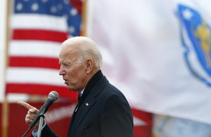 Former vice president Joe Biden speaks at a rally in support of striking Stop & Shop workers in Boston, Thursday, April 18, 2019.