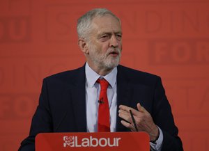 Britain's Leader of the Opposition, and leader of the Labour Party Jeremy Corbyn speaks at a political rally in central London, Thursday, April 20, 2017.