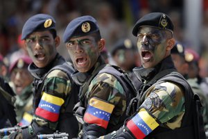 Soldiers march during a military parade marking Independence Day in Caracas, Venezuela, Friday July 5, 2019.