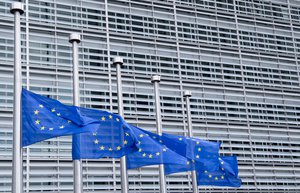 European Union flags fly at half-mast after the death of Helmut Kohl, former German Federal Chancellor