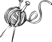 Line drawing of ball of yarn with a pair of knitting nedles stuck through it
