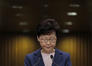 Hong Kong Chief Executive Carrie Lam pauses during a press conference in Hong Kong, Tuesday, July 9, 2019.