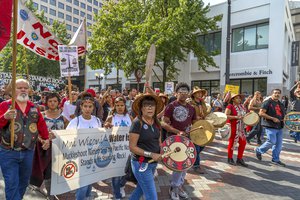 Stands with Standing Rock! Peaceful March & Rally Seattle, WA. Taken by John Duffy. Drummers and other Indigenous activists march in solidarity with the people of the Standing Rock Sioux in their fight against the Dakota Access Pipeline