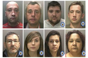 In this eight photo combo group issued Friday July 5, 2019, by Britain's West Midlands Police, showing members of a modern day slavery ring in the UK. The modern day slavery gang members originally from Poland, convicted shown are, top from left, Ignacy Brzezinski, Wojciech Nowakowski, Jan Sadowski, Marek Chowanic, and bottom from left, Marek Brzezinski, Julianna Chodakiewicz, Natalia Zmuda and Justyna Parczewska. Reporting restrictions were lifted Friday, July 5, 2019, allowing details to be published about the group who have left more than 400 victims.