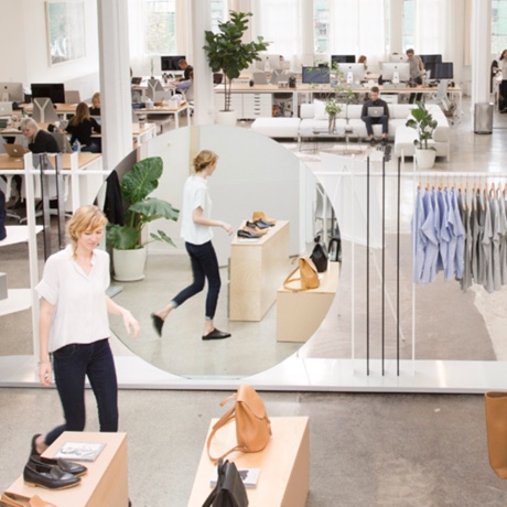 Clothing items and workers at Everlane headquarters