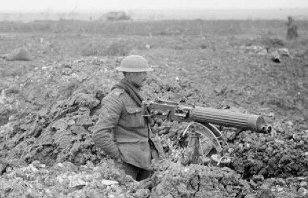 A British machine gun post in a captured trench at Feuchy during the Battle of Arras; France. April 1917  
 Uses size