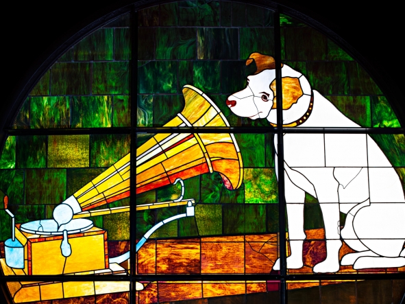 Stained glass window with RCA "Nipper"