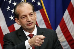 Labor Secretary Alex Acosta speaks during a media availability at the Department of Labor, Wednesday, July 10, 2019, in Washington.