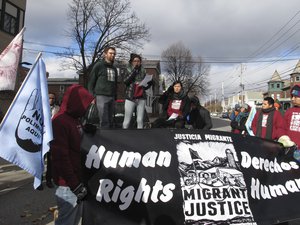 File - Zully Palacios Rodriguez, a member of the immigrant advocacy group Migrant Justice speaks to a crowd outside the federal court in Burlington, Vt., on Wednesday, Nov. 14, 2018.