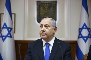 Israeli Prime Minister Benjamin Netanyahu chairs the weekly cabinet meeting at his office in Jerusalem, Sunday, June. 30, 2019.