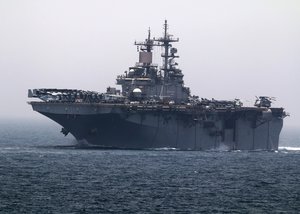 The Wasp-class amphibious assault ship USS Boxer (LHD 4) transits the Strait of Hormuz. Boxer is supporting maritime security operations and theater security cooperation efforts in the U.S. 5th Fleet area of operations.