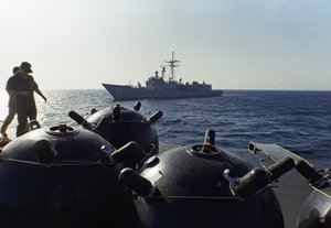 FILE - This Sept. 21, 1987 file photo shows mines aboard the Iranian ship Iran Ajr being inspected by a boarding party from the USS Lasalle in the Persian Gulf.