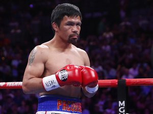 Manny Pacquiao prepares to fight Keith Thurman in a welterweight title fight Saturday, July 20, 2019, in Las Vegas.