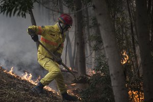 A firefighter works on an active fire on a hillside outside the village of Monchique, in southern Portugal's Algarve region, Monday, Aug. 6, 2018.