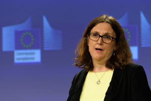 Cecilia Malmstrom, Member of the European Commission in charge of Trade, holds a press conference on the U.S.restrictions on steel and aluminium affecting the European Union in Brussels,Belgium,June 2018