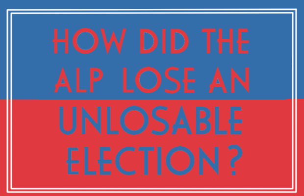 HOW DID THE ALP LOSE AN UNLOSABLE ELECTION against a blue and red background.