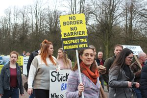 File - A Brexit protest at Stormont against a hard border, Belfast, Northern Ireland. Post-Brexit border controls are a controversial issue.