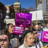 Pro-abortion protesters rally outside the NSW Parliament in Sydney as the state's Abortion Bill is debated on Tuesday.