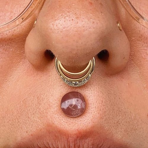 allthepiercingsandbodymods:
?Stacked septum featuring rings from bvla and a 2g rose quartz stretched philtrum piercing. By @apogeepiercing
?