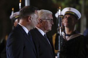 German President Frank-Walter Steinmeier, center right, and Polish President Andrzej Duda in Wielun, Poland