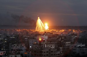 Fire and smoke is seen from Israeli miltary operations in Gaza City, Thursday, Jan. 8, 2009.