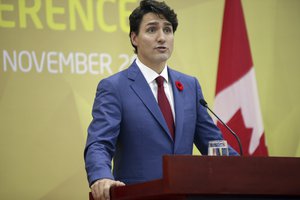 Canadian Prime Minister Justin Trudeau speaks during a press conference held on the sidelines of the Asia-Pacific Economic Cooperation (APEC) Forum in Danang, Vietnam, Saturday, Nov. 11, 2017