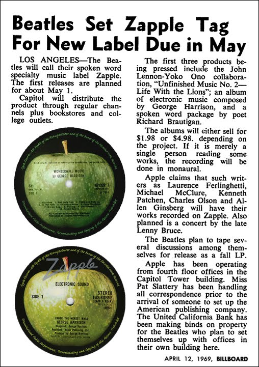 Zapple Records Article Billboard April 12, 1969