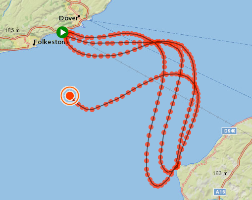 A map of Sarah Thomas' tracker as she crosses the English Channel for the fourth time.