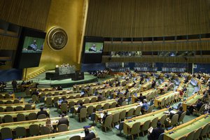 General View of UN General Assembly Hall as Tijjani Muhammad-Bande (on screens and left at dais), President of the seventy-fourth session of the United Nations General Assembly