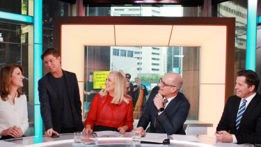 Pell on the Sunrise set with Natalie Barr, Samantha Armytage, David Koch and Ryan Phelan.