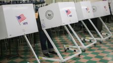 Voting booths at West Babylon Junior High School