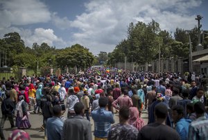 Thousands of protestors from the capital and those displaced by ethnic-based violence over the weekend in Burayu, demonstrate to demand justice from the government in Addis Ababa, Ethiopia Monday, Sept. 17, 2018.