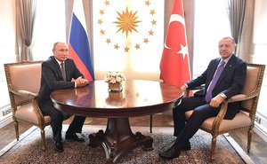 File - Russian President Vladimir Putin meets with his Turkish counterpart Recep Tayyip Erdogan in Ankara, Turkey, 16 September, 2019.