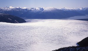 File - Aerial View of Taku Glacier looking towards terminus in Taku Inlet. Taku Glacier is a tidewater glacier located in Taku Inlet in the U.S. state of Alaska, just southeast of the city of Juneau.