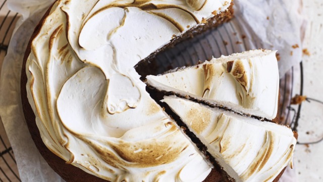 Spiced sweet potato cake with 'marshmallow' topping.