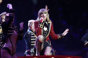 In this Nov. 11, 2012, file photo, US singer Taylor Swift performs during the 2012 MTV European Music Awards show at the Festhalle in Frankfurt, central Germany