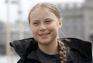 In this Aug. 14, 2019 file photo, Climate change activist Greta Thunberg addresses the media during a news conference in Plymouth, England