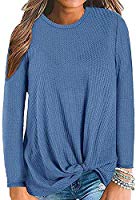 Sundray Womens Twist Knot Blouse Waffle Knit Shirts Cute Tops Round Neck Long Sleeve Tunic