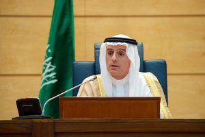 Saudi Arabia Foreign Minister Adel al-Jubeir Addresses Reporters During a Joint News Conference With Secretary Kerry in Jeddah