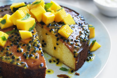 Neil Perry's passionfruit syrup cake with mango salsa.