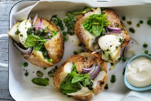 Jill Dupleix's baked potato with peas and rough pesto recipe.