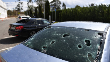 Hail-damaged cars in Canberra on Monday this week.