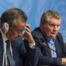 WHO executives, from left, Tedros Adhanom Ghebreyesus, Director General of the World Health Organisation with Michael Ryan, Executive Director, WHO Health Emergencies Programme, and Maria van Kerkhove, Head of the Outbreak Investigation Task Force, during a press conference in Geneva.