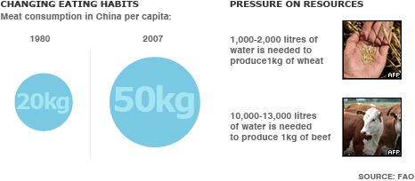 Graphic showing change in Chinese meat consumption and pressure on water resources driven by wheat and beef production