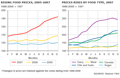 Line graphs showing rising food prices 2005-07 and price rises by food type, 2007