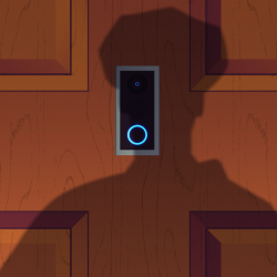 The shadow of a police officer looms in front of a Ring device on a closed door.