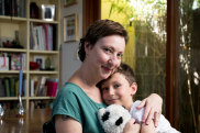 Amber Jackson, with her son, Monte. Amber grew up in the Amazon Acres Women's Commune in Northern NSW and is one of the speakers at the All About Women Festival in Sydney. 14th February 2020 Photo: Janie Barrett