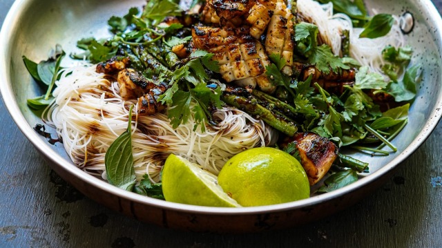 Swap black pepper beef for this black pepper and kaffir lime squid stir-fry.