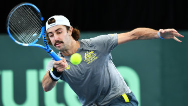 Jordan Thompson gets practice in on Thursday before Australia's Davis Cup tie with Brazil.